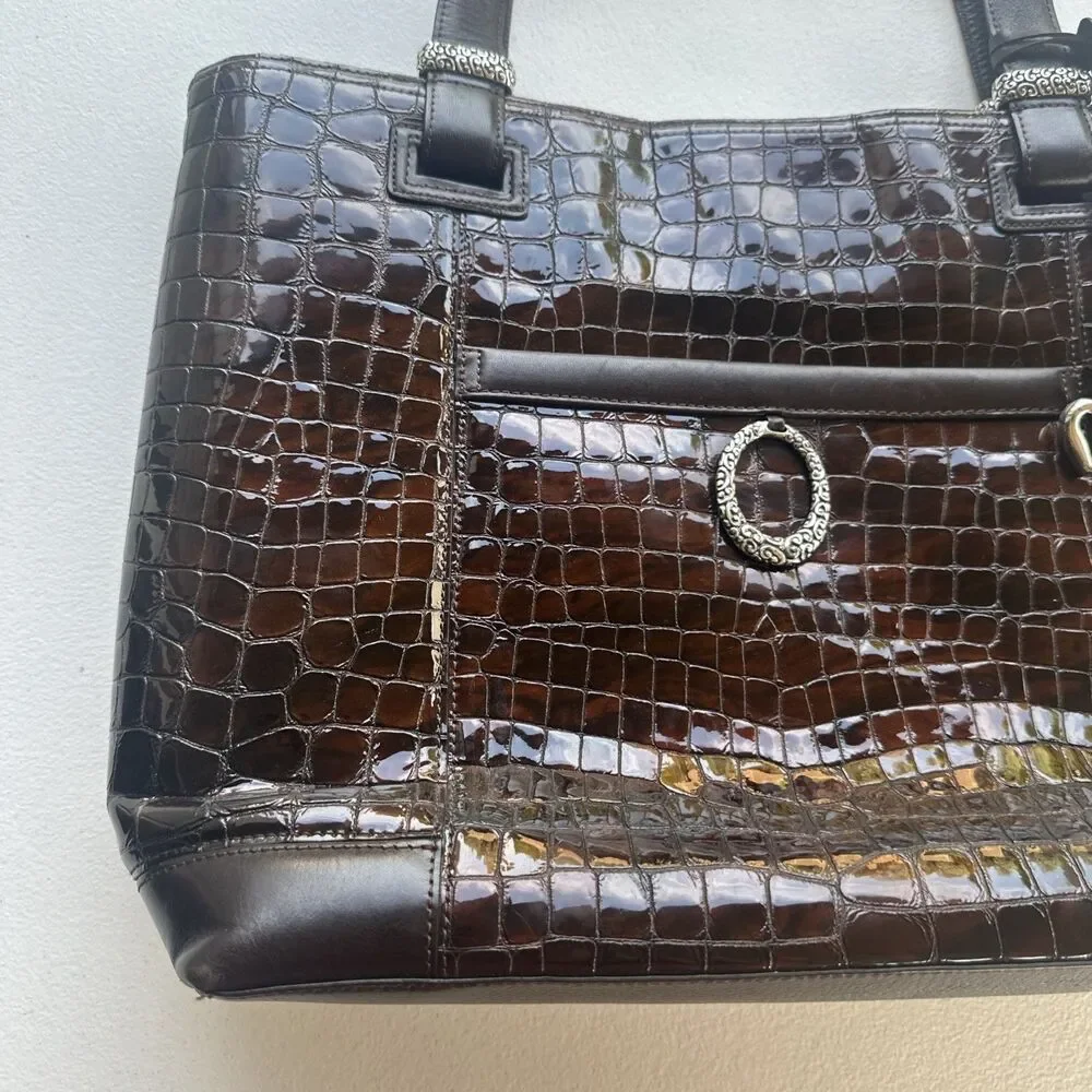 Brighton Brown Embossed Croc Patent Leather Shoulder Tote Hand Bag 18X13